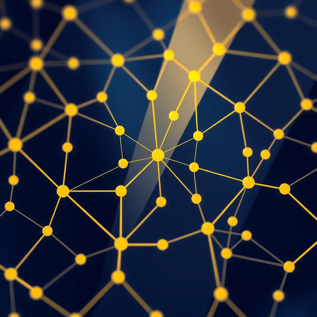 Patrón geométrico abstracto con nodos de red blockchain y conexiones en tonos azul marino y dorado, representando tecnología financiera moderna