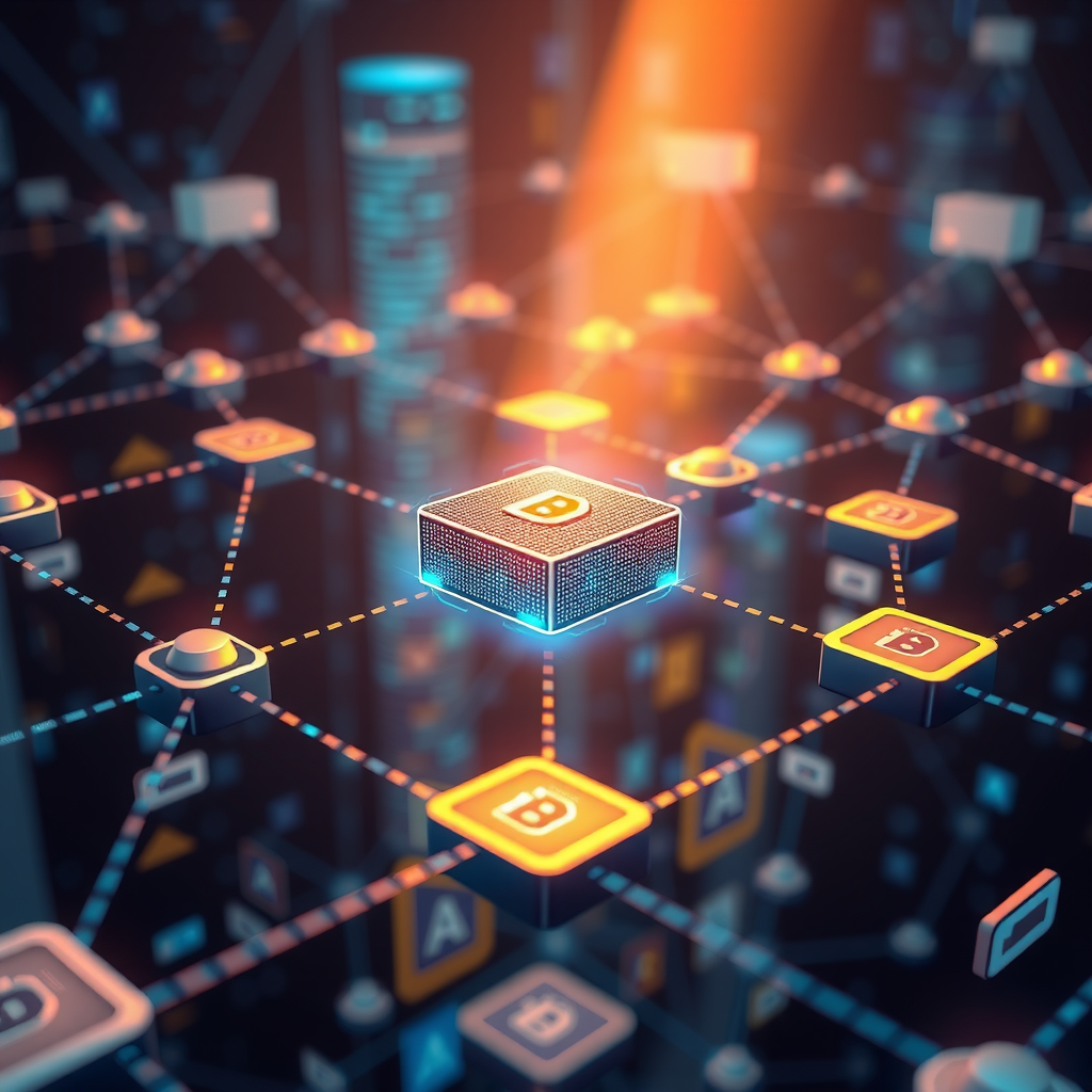 Ilustración educativa de tecnología blockchain mostrando una red de nodos interconectados, bloques de datos enlazados en cadena, y el concepto de libro mayor distribuido con elementos visuales de seguridad criptográfica