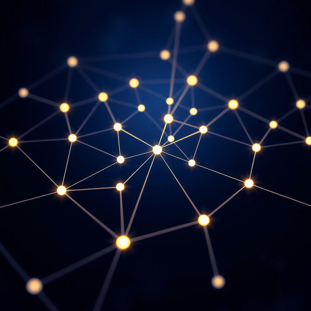Visualización de red blockchain mostrando nodos interconectados con líneas brillantes formando una estructura de red descentralizada sobre fondo azul oscuro, representando la naturaleza distribuida de la tecnología blockchain