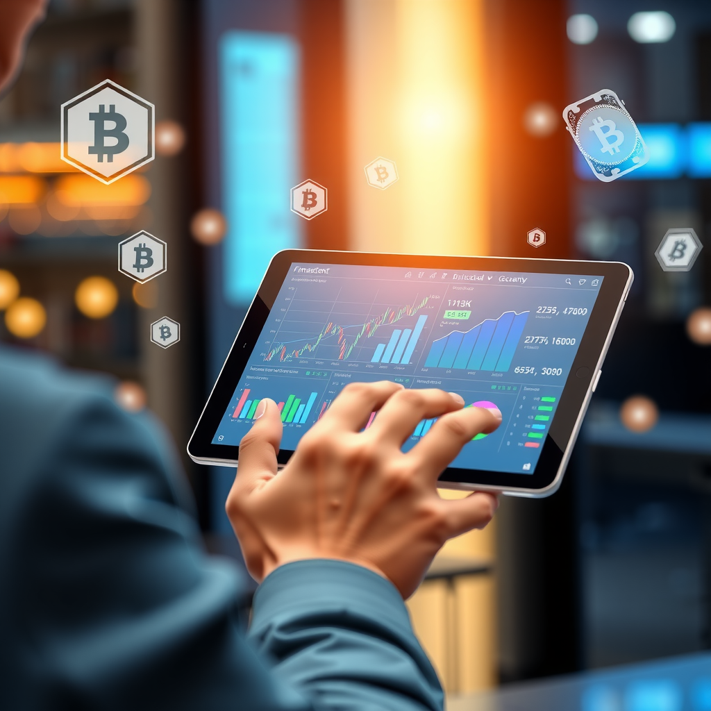 Persona usando una tableta digital mostrando gráficos financieros y aplicaciones de banca móvil, con iconos de blockchain y criptomonedas flotando alrededor, representando la alfabetización financiera moderna en un entorno tecnológico profesional