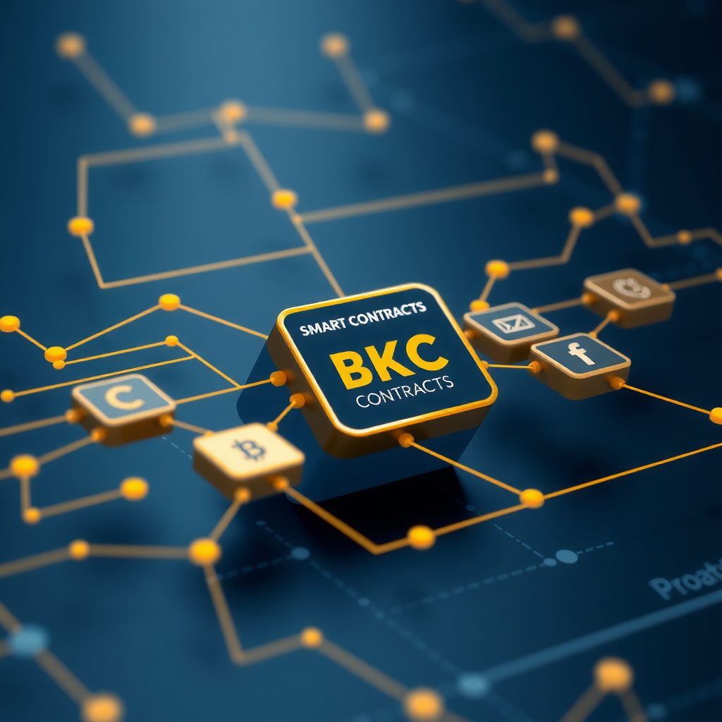 Diagrama técnico de arquitectura de contratos inteligentes mostrando bloques de código conectados en una blockchain, con nodos de red distribuidos y flujos de transacciones automatizadas en tonos azul marino y dorado