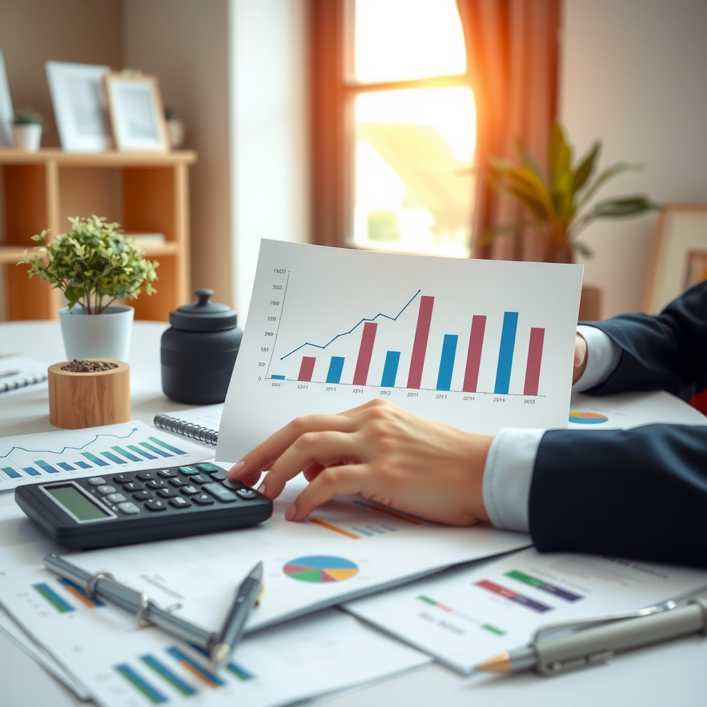 Concepto de planificación financiera mostrando gráficos de crecimiento, calculadora, documentos financieros y una persona analizando datos económicos en un entorno profesional y organizado
