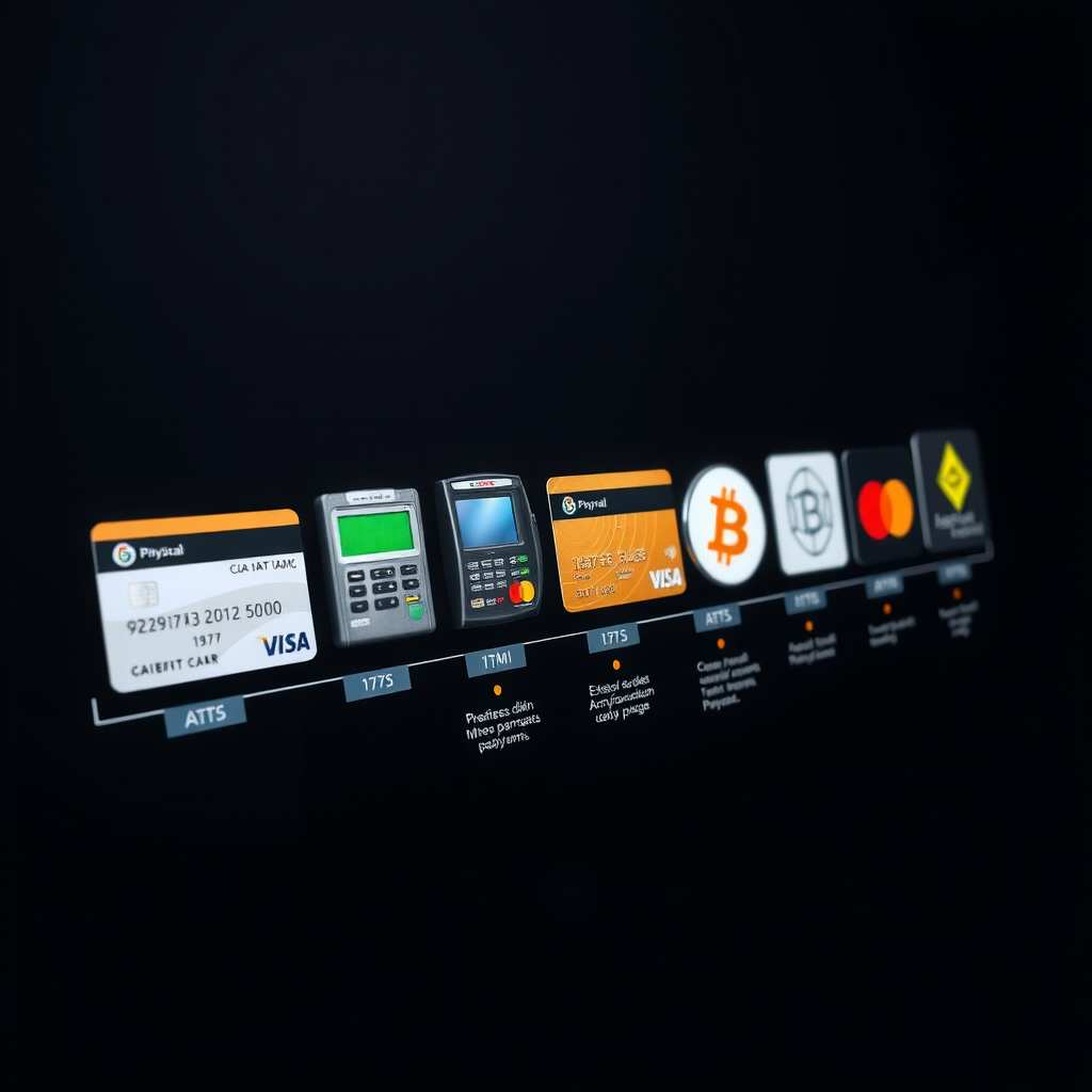 Línea temporal visual mostrando la evolución de los sistemas de pago desde tarjetas de crédito físicas de los años 70, pasando por cajeros automáticos, tarjetas con chip, pagos en línea, hasta llegar a blockchain y criptomonedas modernas, con iconos representativos de cada era