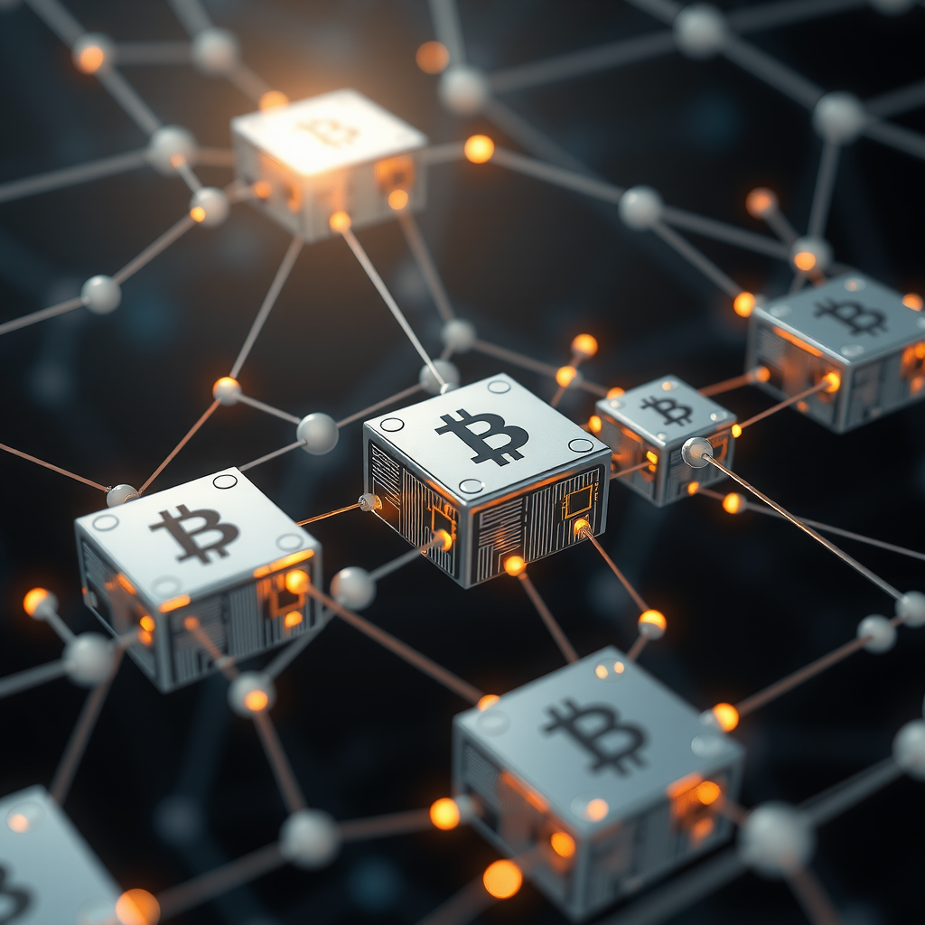 Ilustración educativa de tecnología blockchain mostrando bloques de datos interconectados en una red descentralizada con nodos digitales y cadenas de información distribuida