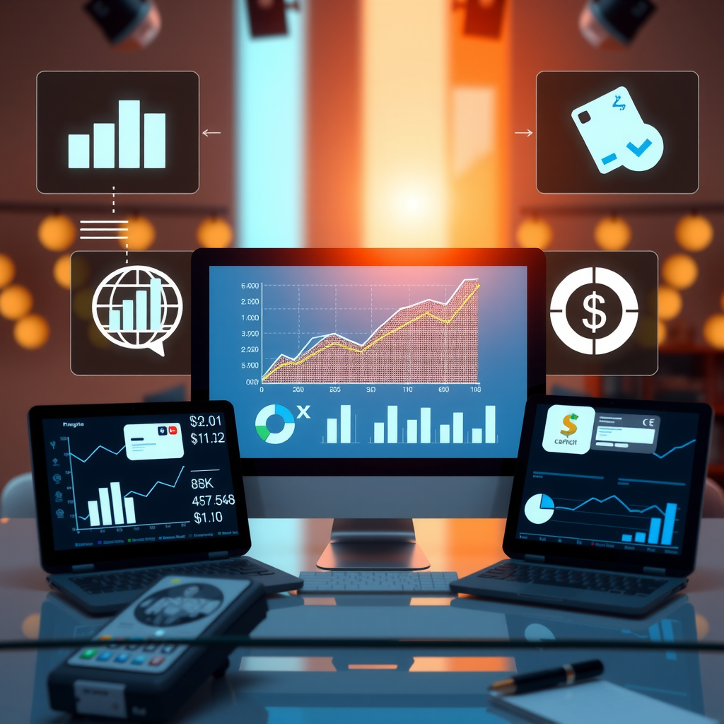 Imagen conceptual de educación financiera digital mostrando gráficos de presupuesto, iconos de métodos de pago digitales, símbolos de sistemas de crédito, y elementos visuales de planificación financiera moderna en pantallas digitales