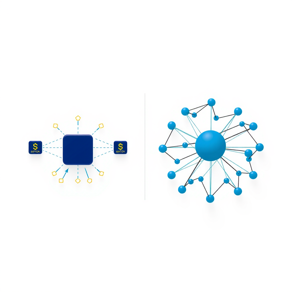 Diagrama comparativo mostrando la diferencia entre sistemas centralizados con un único punto de control y sistemas descentralizados con múltiples nodos interconectados sin autoridad central, ilustrando el concepto de descentralización en blockchain