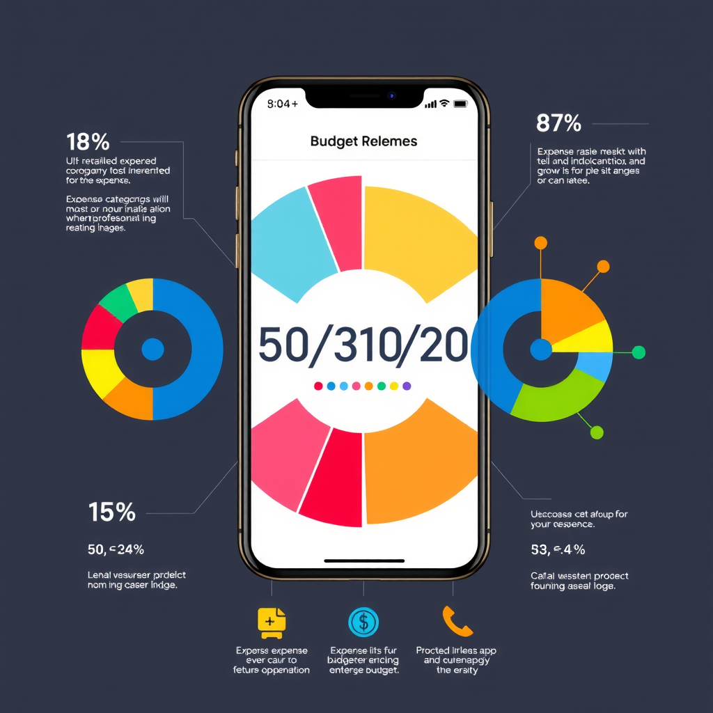 Infografía moderna mostrando la regla de presupuesto 50/30/20 con gráficos circulares coloridos, iconos de categorías de gastos y una interfaz de aplicación móvil de presupuesto en el fondo
