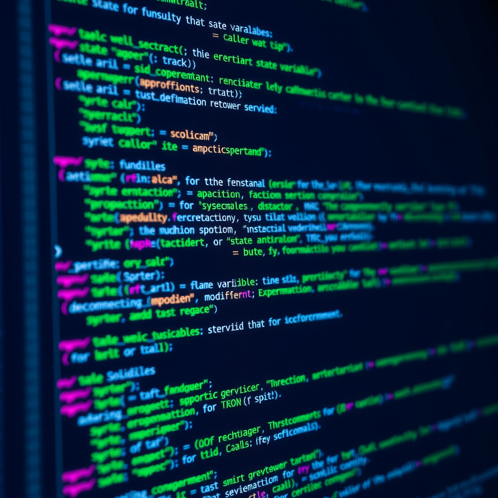 Pantalla de código de un contrato inteligente en Solidity mostrando funciones, variables de estado y modificadores, con sintaxis resaltada en colores profesionales azul y verde
