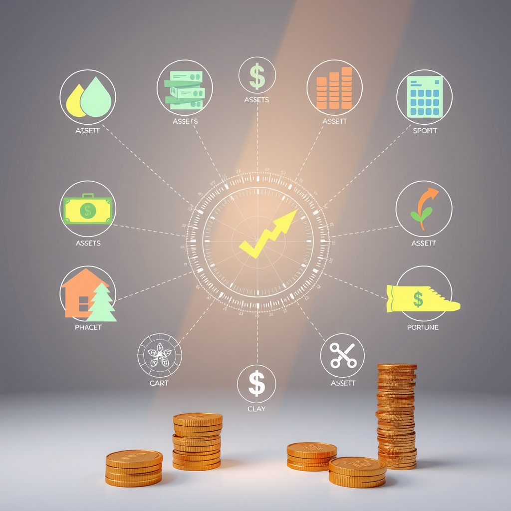 Estrategia de diversificación financiera ilustrada con diferentes tipos de activos, gráficos de distribución de cartera y símbolos representando múltiples fuentes de ingresos en un diseño profesional y educativo