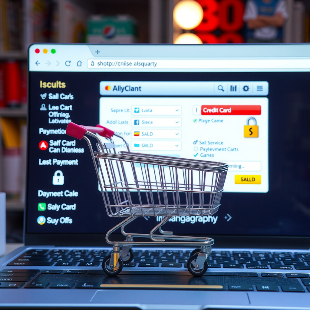 Interfaz de comercio electrónico de finales de los 90 y principios de los 2000, mostrando un navegador web con un carrito de compras, formularios de pago con tarjeta de crédito, y símbolos de seguridad SSL, representando los primeros días del comercio en línea