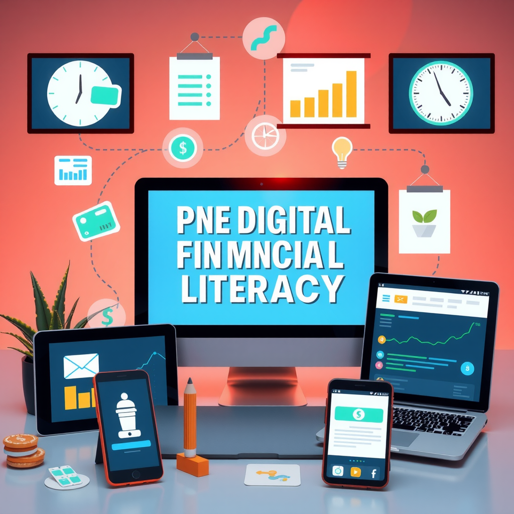 Representación visual de educación financiera digital con elementos como presupuestos, métodos de pago digitales, sistemas de crédito y herramientas de gestión financiera moderna en pantallas y dispositivos