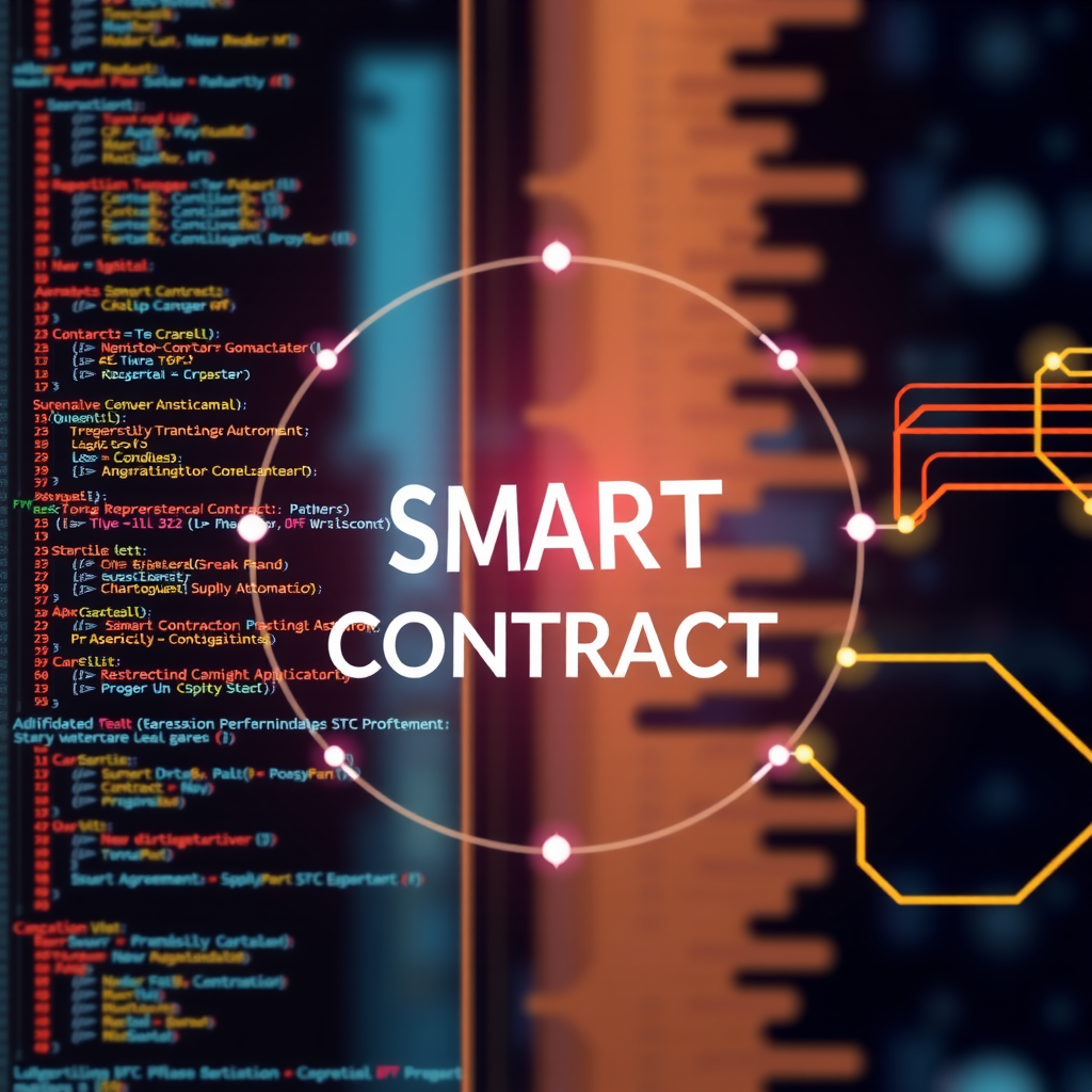 Representación visual de contratos inteligentes mostrando código de programación, automatización de procesos, aplicaciones en cadena de suministro, acuerdos legales digitales y casos de uso prácticos en diferentes industrias