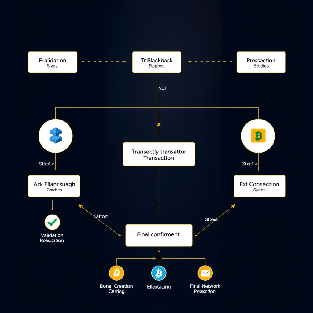 Diagrama de flujo ilustrando el proceso de transacción en blockchain desde la iniciación hasta la confirmación final, mostrando los pasos de validación, creación de bloques y consenso de red con iconos y flechas conectoras