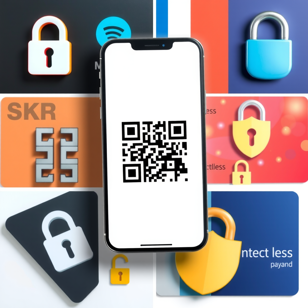 Collage de varios métodos de pago digital incluyendo smartphone mostrando billetera móvil, código QR, tarjeta de crédito contactless y símbolos de seguridad con candados y escudos, todo en un diseño moderno y profesional