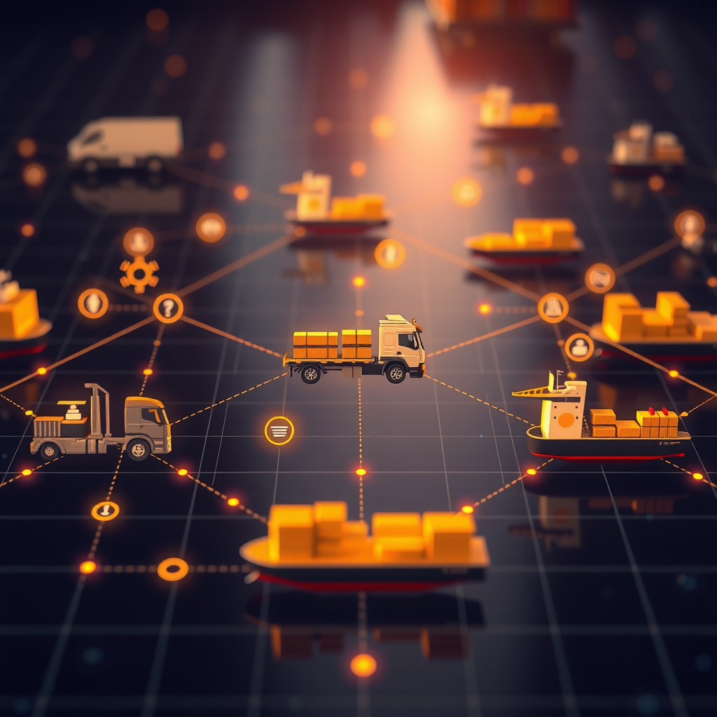 Visualización de cadena de suministro con iconos de camiones, barcos y almacenes conectados por líneas de blockchain, mostrando puntos de verificación automatizados mediante contratos inteligentes