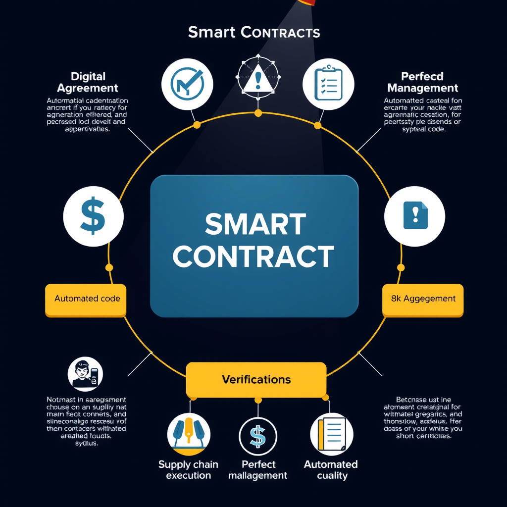 Diagrama educativo de contratos inteligentes mostrando código automatizado, ejecución de acuerdos digitales, aplicaciones en cadena de suministro y gestión legal con iconos de verificación y procesos automatizados