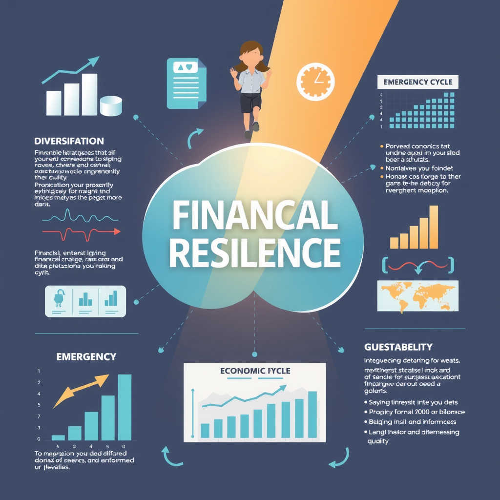 Ilustración de resiliencia financiera mostrando estrategias de diversificación, planificación de fondos de emergencia, gráficos de ciclos económicos, y conceptos de estabilidad financiera a largo plazo con elementos de educación y toma de decisiones informadas