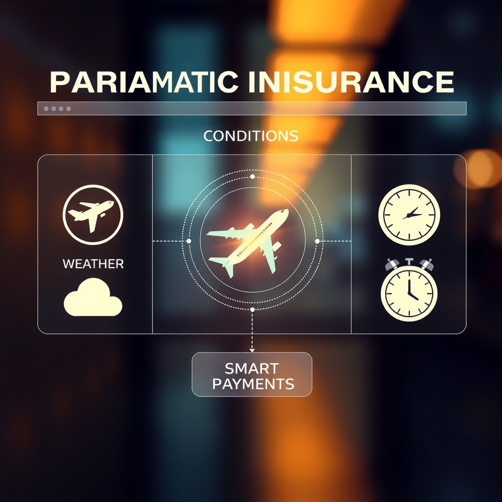 Interfaz de seguro paramétrico mostrando condiciones de activación automática, con iconos de avión, clima y reloj conectados a un contrato inteligente que procesa pagos instantáneos