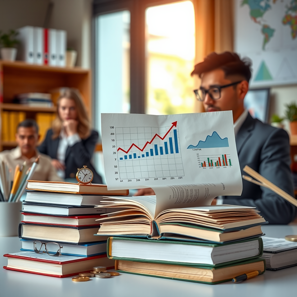 Educación financiera representada con libros, gráficos educativos, una persona estudiando conceptos económicos, símbolos de aprendizaje y crecimiento personal en finanzas en un ambiente profesional y motivador