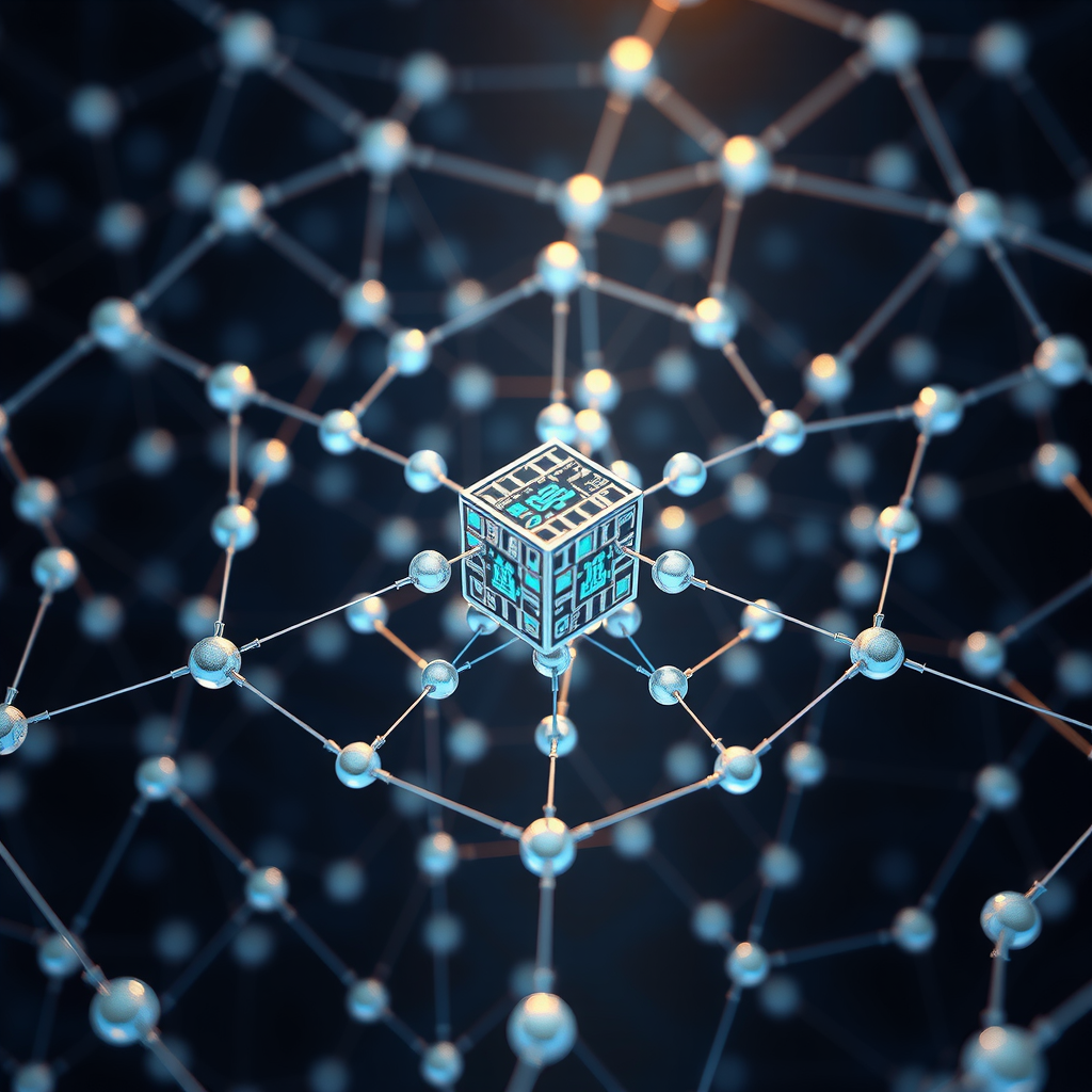 Visualización de red blockchain con nodos interconectados formando una estructura descentralizada, bloques de datos enlazados criptográficamente, y flujos de transacciones distribuidas, representando la arquitectura de un sistema de pago blockchain