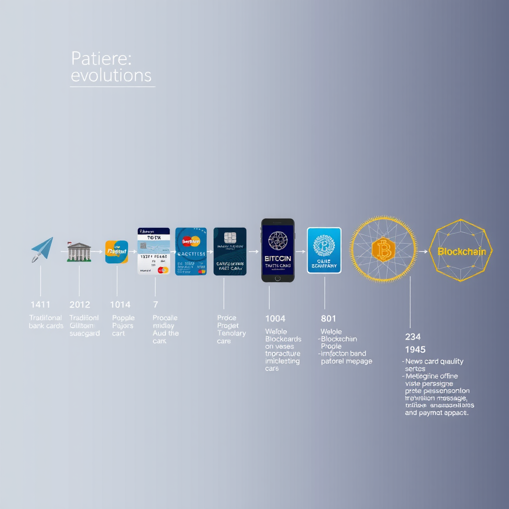 Línea de tiempo visual de la evolución de sistemas de pago digital desde tarjetas bancarias tradicionales hasta soluciones blockchain modernas, mostrando infraestructura de pago, tecnología de procesamiento y transformación de métodos de transacción para usuarios y empresas