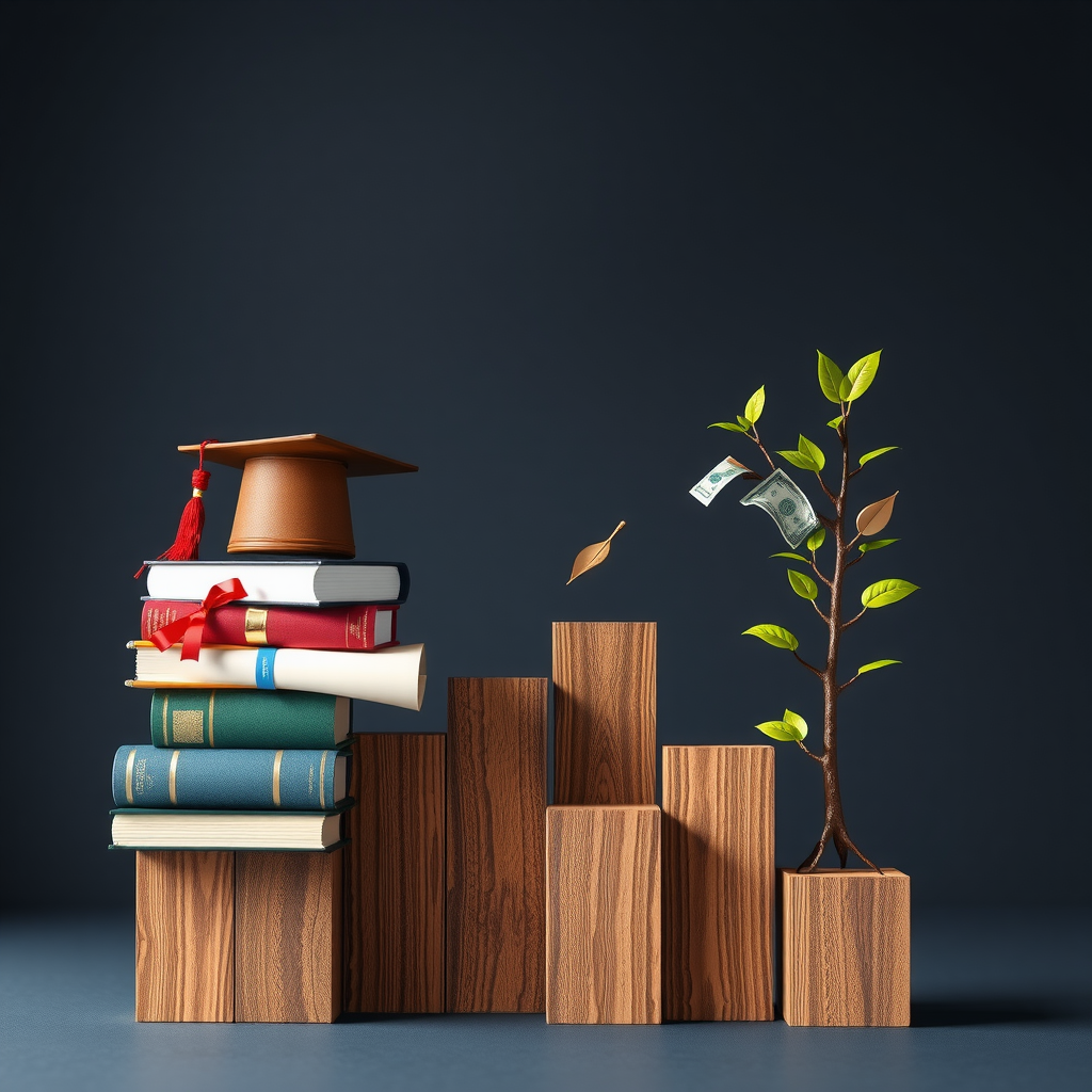 Gráfico de crecimiento ascendente con símbolos de educación como libros y diploma, combinado con iconos financieros modernos, árbol de dinero creciendo, representando el desarrollo continuo de conocimiento financiero en un estilo profesional y optimista