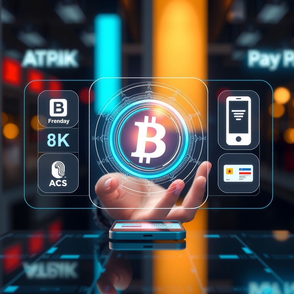 Concepto futurista de pagos digitales mostrando una interfaz holográfica con múltiples opciones de pago, incluyendo blockchain, pagos móviles, biometría y sistemas tradicionales integrados, representando el ecosistema de pagos del futuro